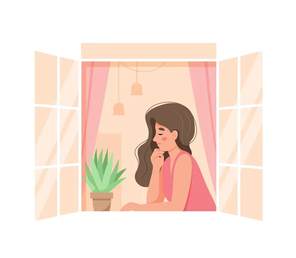 Mujer en una ventana abierta en casa relajante. Lindo y acogedor vector de ilustración — Vector de stock