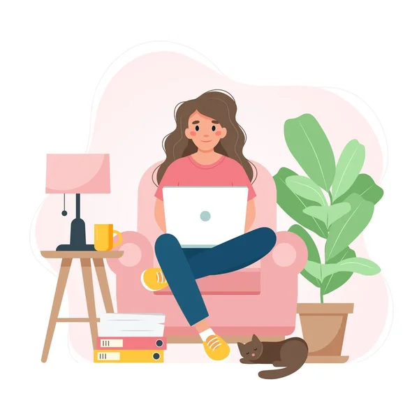 Trabalho a partir do conceito de casa, mulher em uma cadeira com laptop, estudante ou freelancer. Ilustração vetorial bonito em estilo plano — Vetor de Stock