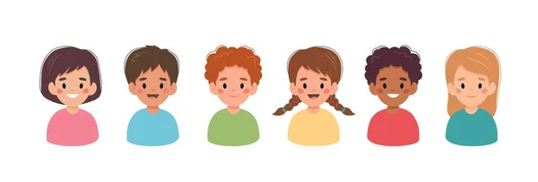 Conjunto de niños, niños y niñas retratos de diferentes nacionalidades. Ilustración vectorial en estilo de dibujos animados — Archivo Imágenes Vectoriales