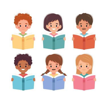 Çocuklar kitap okuyor, küçük kızlar ve oğlanlar renkli kitaplarla portreler çiziyor. Çizgi film tarzında vektör illüstrasyonu