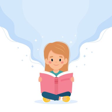 Kitap okuyan bir kız. Çizgi film tarzında şirin vektör illüstrasyon kavramı