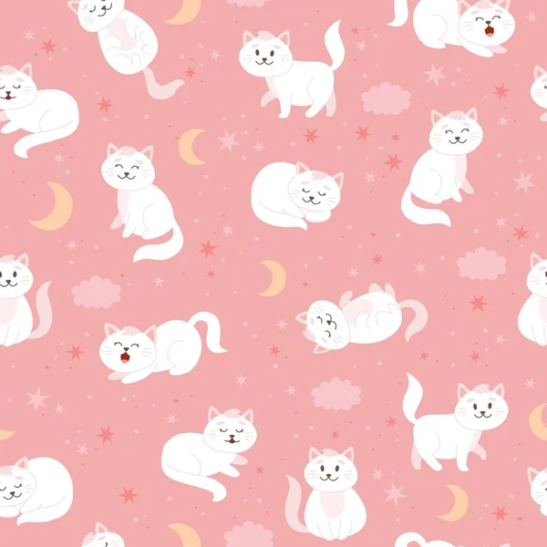 Macskák mintázata holddal, csillagokkal és felhőkkel. Aranyos fehér macska karakter -ban rajzfilm stílus, vektor illusztráció — Stock Vector