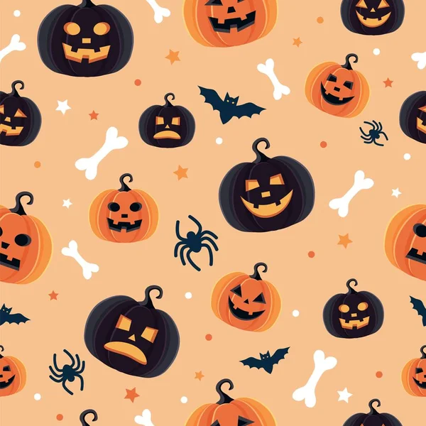 Padrão de Halloween com diferentes abóboras, Jack o lanterna assustador, aranhas e morcegos. Ilustração vetorial — Vetor de Stock