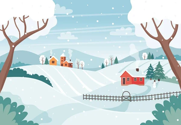 Winterlandschap met bomen, velden, huizen. Seizoensgebonden landschap. Vector illustratie in platte stijl — Stockvector