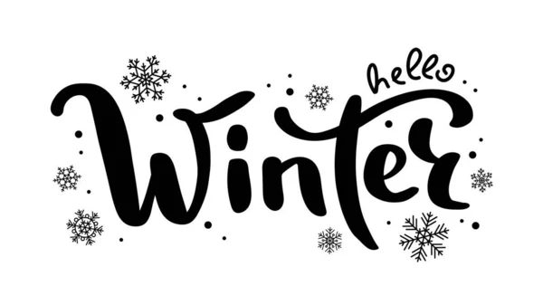 Hallo Winter Schriftzug, niedliche handschriftliche Vektorillustration mit Schneeflocken — Stockvektor