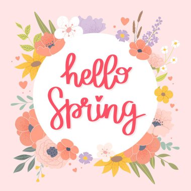 Merhaba bahar tebrik kartı. Harfleri, çiçekleri ve yaprakları olan. Pastel renkli çiçek vektör çizimleri.