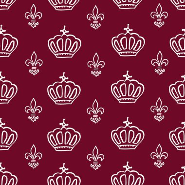 Kusursuz desen. Karalama. Beyaz taç ve bordo bir arka planda beyaz zambak. Tekstil, duvar kağıdı ve ambalaj için stil tasarımı.