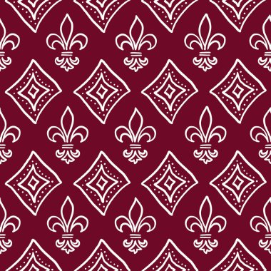 Kusursuz desen. Karalama. Koyu kırmızı arka planda Kraliyet zambakları ve eşkenar dörtlüleri. Paketleme, tekstil, duvar kağıdı için tasarım.