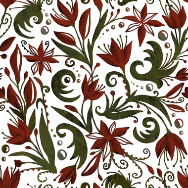 Beyaz arka planda kırmızı-yeşil bitkilerin etnik deseni. Kusursuz tasarım. Tekstil, ambalaj, duvar kağıdı için uygun.