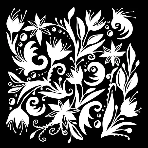 白色植物黑色背景轮廓的手绘图解 Doodle 绘画来装饰任何表面 — 图库照片#