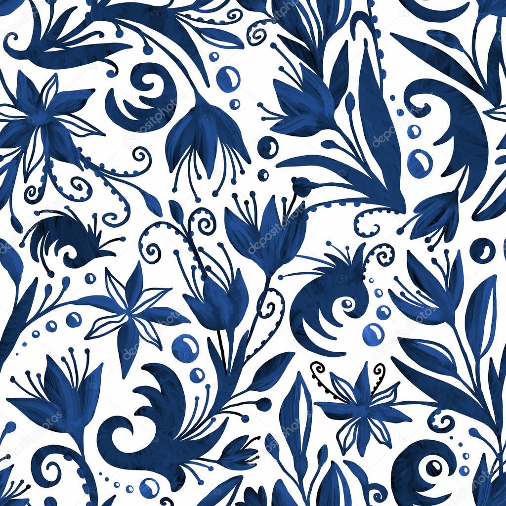 Seamless pattern. Freehand drawing. Floral ornament. Blue flowers on a white background. Doodle. Ethnic ornament.