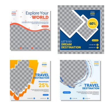 Sosyal medya şablonu, seyahat teması. Bir ürün veya markanın tanıtımında çevrimiçi mağazalar için uygundur