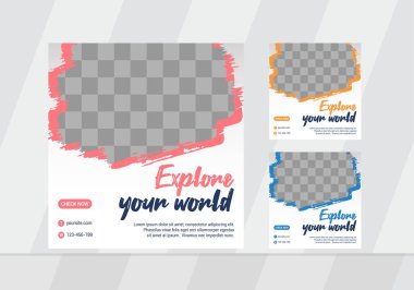 Sosyal medya şablonu, seyahat teması. Bir ürün veya markanın tanıtımında çevrimiçi mağazalar için uygundur