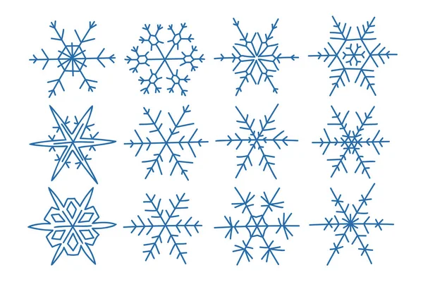 Elementos de diseño navideño copos de nieve azules sobre un fondo blanco. Set dibujado a mano vectorial. Elemento gráfico para diseño creativo, embalaje, impresión, tela, impresión, decoración imprimible. — Archivo Imágenes Vectoriales