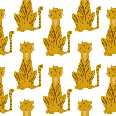 Çocuk kitabı ve bebek baskısı için beyaz arka planda içerikli kırmızı kaplan. Vektör el kusursuz desen çizdi. Yaratıcı tasarım, ambalaj, baskı, kumaş, baskı, basılabilir dekor için grafik ögesi.