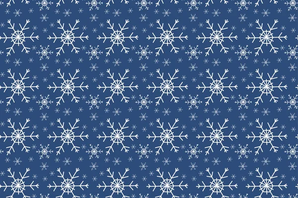 クリスマスのデザイン要素青い背景に白い雪の結晶。ベクトルハンドはシームレスなパターンを描きました。雪のフレーク、デザイン、包装、印刷、生地、印刷、印刷可能な装飾のための雪の背景. — ストックベクタ