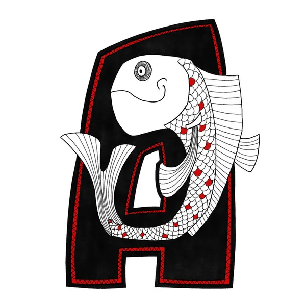 Літера А є частиною творчого шрифту алфавіту. Чорно-білий з червоною абстрактною рибою. Ручна намальована ілюстрація для оформлення, Інтернету, інтер'єру, плаката, друку, типографії . — стокове фото