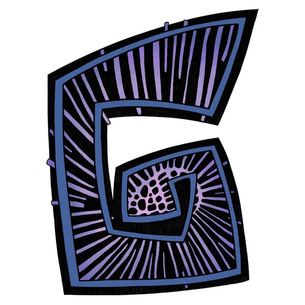 G harfi alfabe yaratıcı yazı tipinin bir parçasıdır. Üzerinde soyut mor deniz yosunları olan siyah-beyaz bir mektup. Tasarım, içerisi, posteri, baskısı, tipografisi için el çizimi resimleme. — Stok fotoğraf