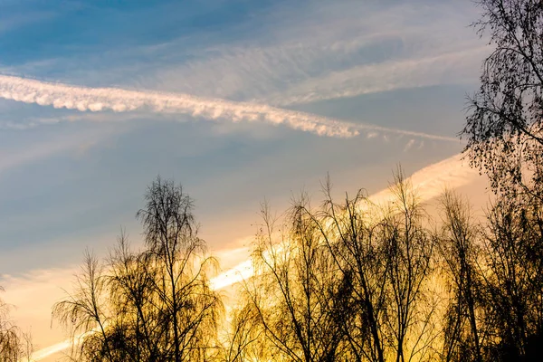 Avion Dans Ciel Coucher Soleil Vol Une Trace Avion Dans — Photo