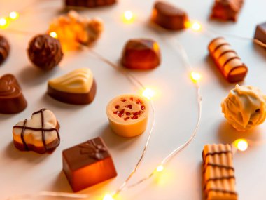 Çikolata şekerlerinin karışımı, beyaz arka planda üst görünüm ve noel ışıkları.