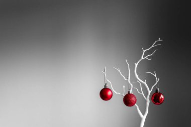 Kırmızı Noel topları beyaz dalda, açık ve koyu arkaplanda. Bir fincanda kırmızı Noel topları. Noel süslemeli Mutlu Noeller kartı. 