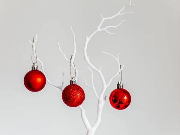 Boules Noël Rouges Sur Branche Blanche Sur Fond Clair Sombre — Photo