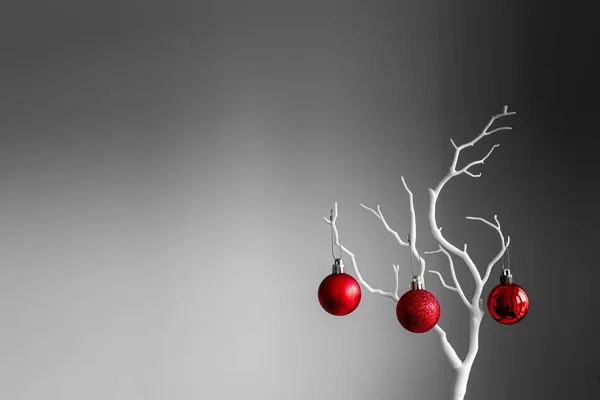 Czerwone Kulki Świąteczne Białej Gałęzi Jasnym Ciemnym Tle Czerwone Świąteczne — Zdjęcie stockowe