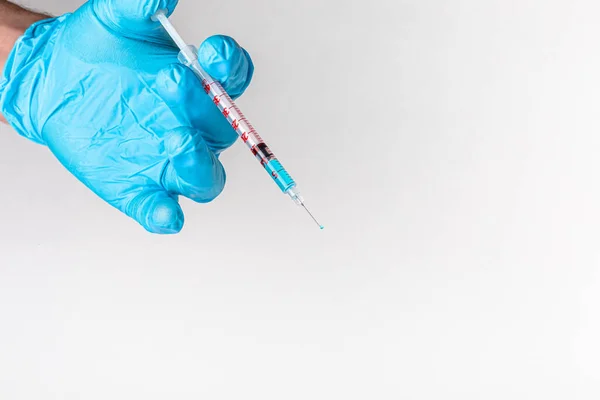 Medical Hands Blue Gloves Hold Syringe Vaccine Covid Coronavirus Vaccine — Stock Photo, Image