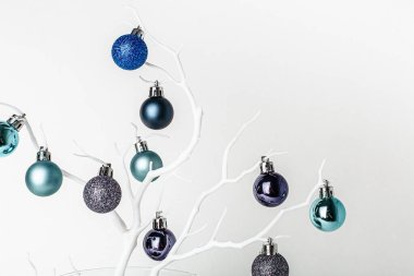 Noel süsü. Beyaz bir brunch 'ta mavi ve naneli noel baloları. Beyaz arka plan. Noel ve Yeni Yıl tatili geçmişi. Renkli mavi ve dallarda naneli toplar. Şenlikli kış tatili. 