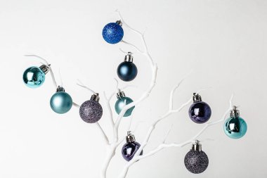 Noel süsü. Beyaz bir brunch 'ta mavi ve naneli noel baloları. Beyaz arka plan. Noel ve Yeni Yıl tatili geçmişi. Renkli mavi ve dallarda naneli toplar. Şenlikli kış tatili. 