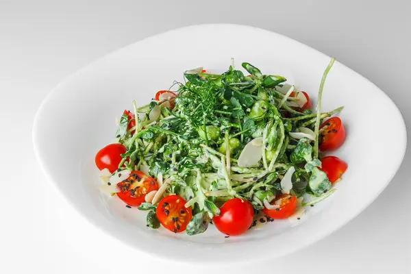 Light Fresh Salad Microgreen Radish Sprouts Cherry Tomatoes Black Sesame — Fotografia de Stock