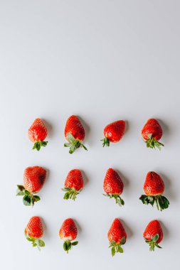 Beyaz arka planda duran büyük bir kırmızı sulu tatlı ve en güzel çilek grubu. Taze çilek duvar kağıdı. Taze organik böğürtlen makrosu. Meyve arkaplanı.