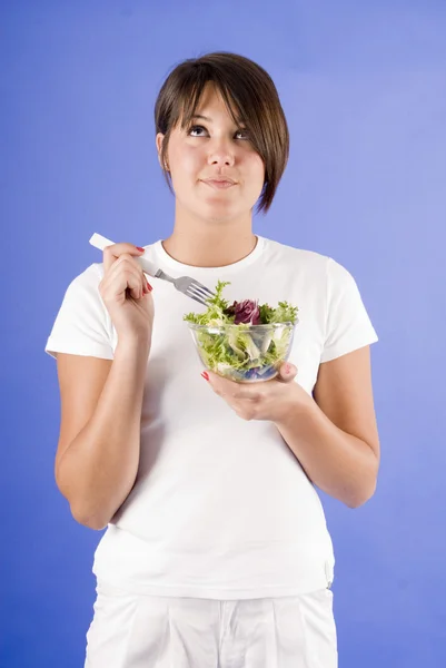Vegan Woman Eating Salad Vegetables — Stock Photo, Image