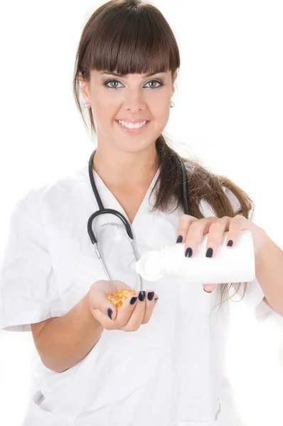 Doctor Laughing Pills Her Hands Isolated — Stock Photo, Image