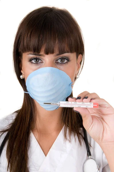 Arts Met Thermometer Beschermend Masker Tegen Griep Varkensgriep — Stockfoto