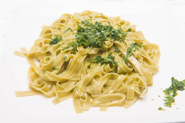 Plate Noodles Grated Cheese Pesto — Stock Photo, Image