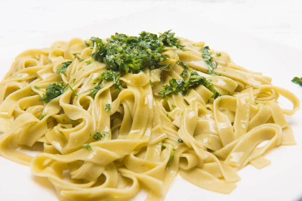 Plate Noodles Grated Cheese Pesto — Stock Photo, Image
