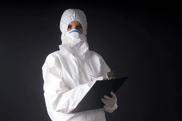 Dressed Woman Contracted Protector Avoid Contagion Ebola Coronavirus Pandemic — Stock Photo, Image