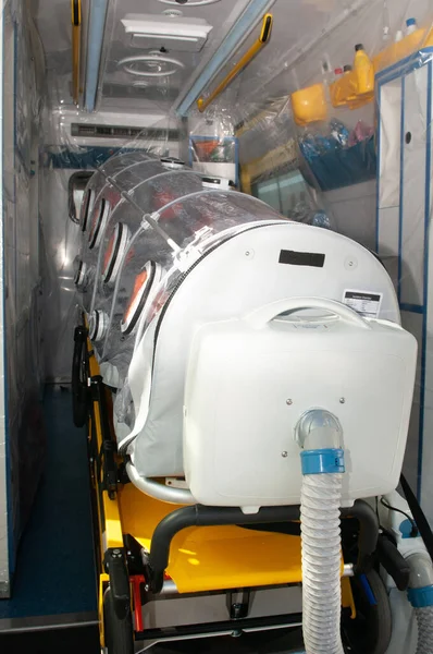 Ambulance Stretcher Prepared Covid Ebola Pandemic — Stock Photo, Image