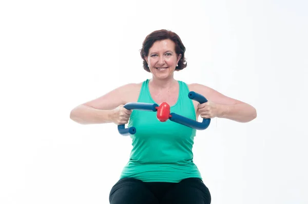 Anni Donna Anziana Che Ginnastica Sfondo Bianco — Foto Stock