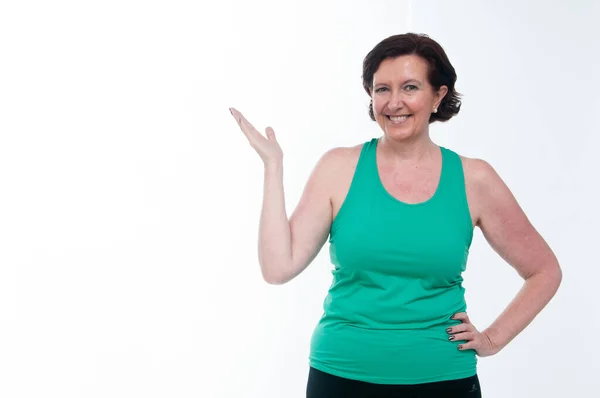 Anni Donna Anziana Che Ginnastica Sfondo Bianco — Foto Stock