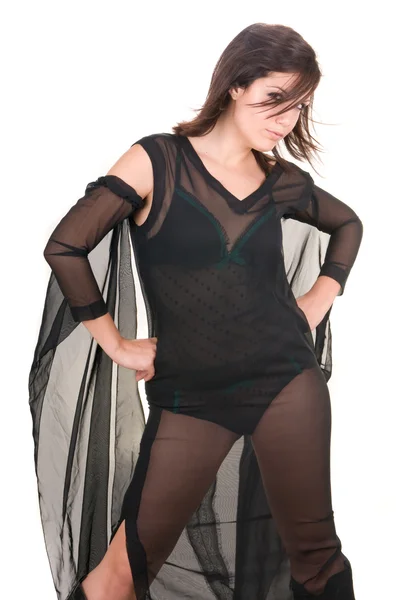 Vrouw in zwarte heks kostuum — Stockfoto