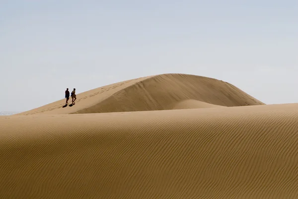 Two persons walking on a dune in a desert — Stock Photo, Image