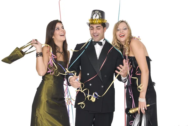 Skupina elegantních přátel na novoroční párty se smíchem — Stock fotografie