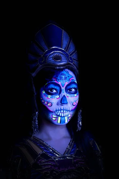 Japansk Kvinna Bär Socker Skalle Eller Catrina Makeup Och Mexikanska — Stockfoto