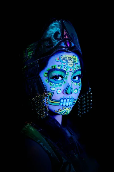 Japansk Kvinna Bär Socker Skalle Eller Catrina Makeup Och Mexikanska — Stockfoto