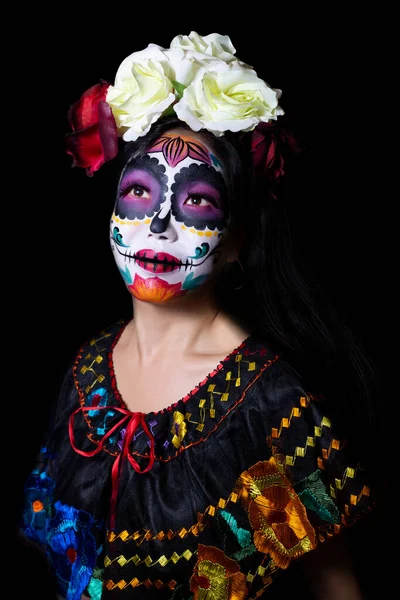 Japansk Kvinna Bär Socker Skalle Eller Catrina Makeup Och Mexikanska — Stockfoto