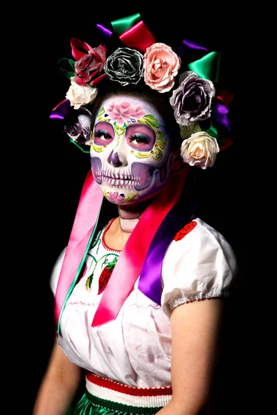 Japansk Kvinna Bär Socker Skalle Eller Catrina Makeup Och Mexikanska — Stockfoto