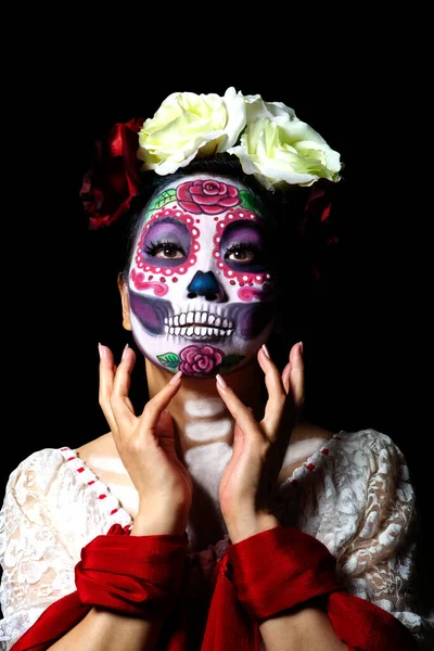 Japansk Kvinna Bär Socker Skalle Eller Catrina Makeup Och Mexikanska — Stockfoto