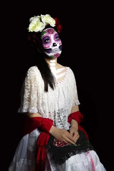 Japansk Kvinna Bär Socker Skalle Eller Catrina Makeup Och Mexikanska — Stockfoto